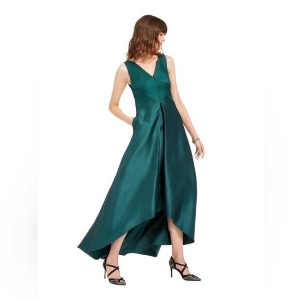Adrianna Papell Women's Pleated Hi Low Mikado Gown in Dark Forest